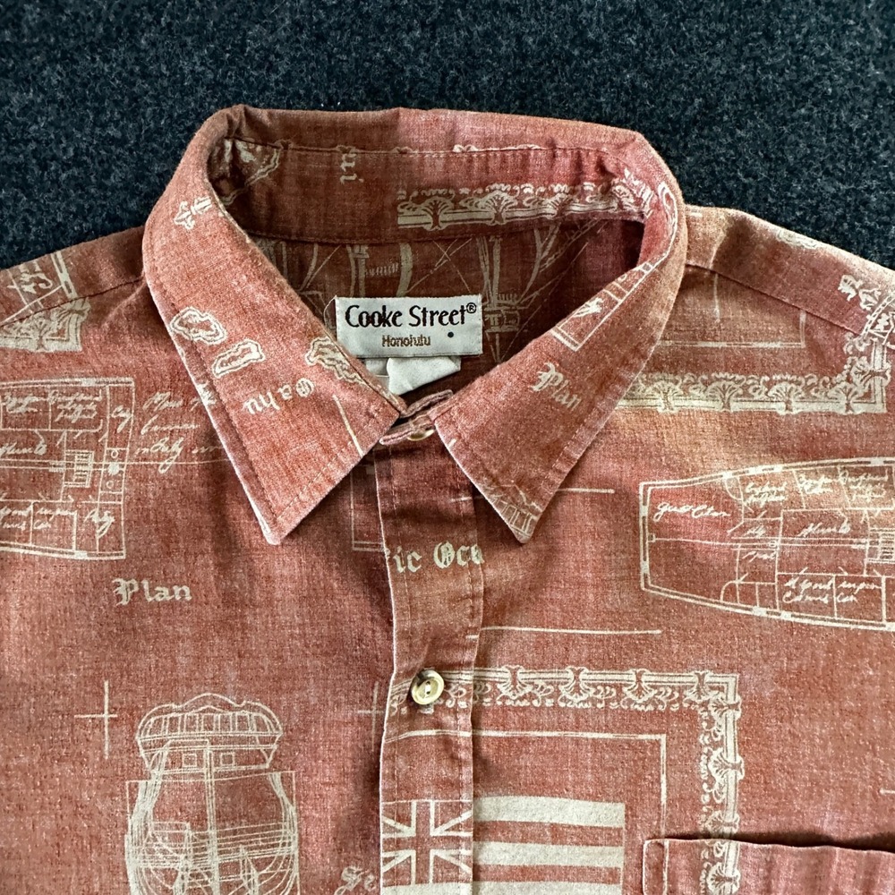 VTG Cooke Street Honolulu Mens Nautical Map Hawaiian Shirt Orange Short Sleeve M